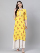 Yellow Rayon Printed Straight Kurta