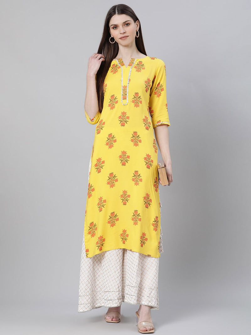 Yellow Rayon Printed Straight Kurta