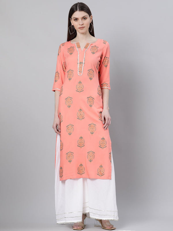 Pink Rayon Printed Straight Kurta