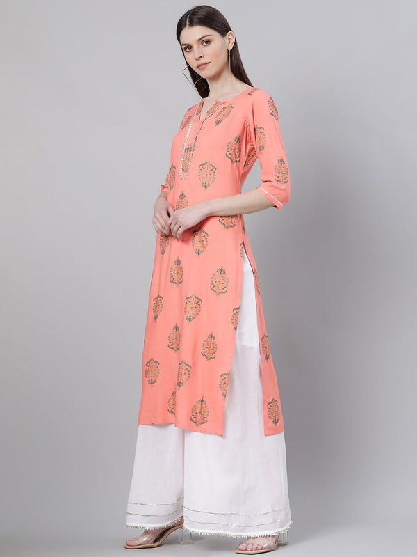 Pink Rayon Printed Straight Kurta