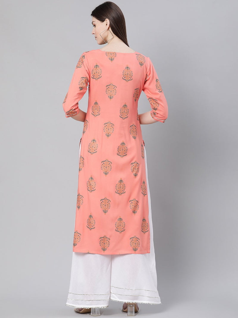 Pink Rayon Printed Straight Kurta