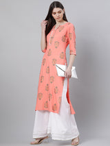 Pink Rayon Printed Straight Kurta