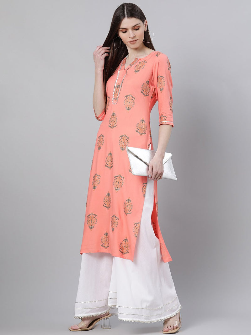 Pink Rayon Printed Straight Kurta