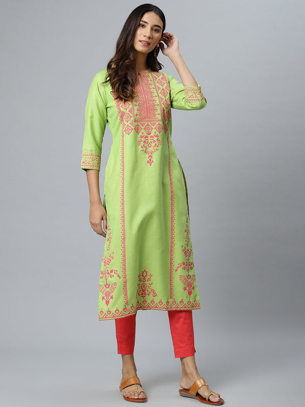 Green Printed Cotton Kurta