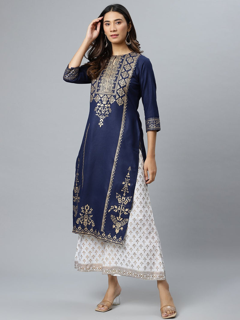 Blue Printed Cotton Kurta