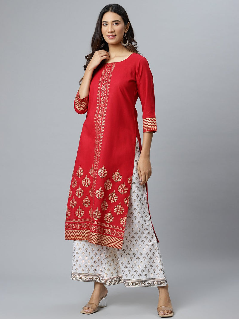 Maroon Printed Cotton Kurta