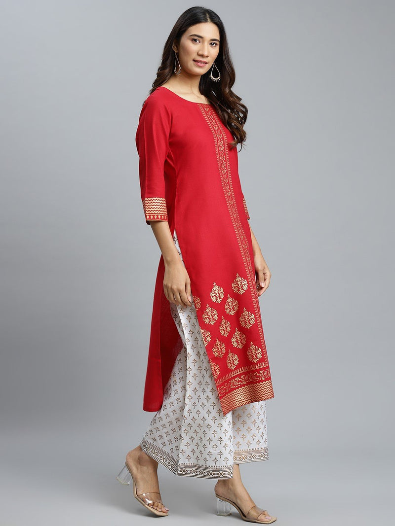 Maroon Printed Cotton Kurta
