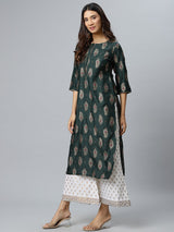 Green Printed Silk Kurta
