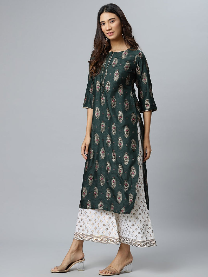 Green Printed Silk Kurta