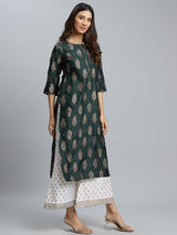 Green Printed Silk Kurta