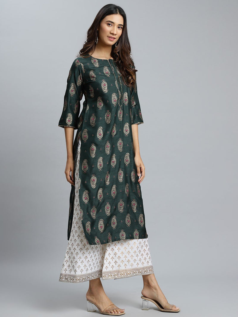 Green Printed Silk Kurta