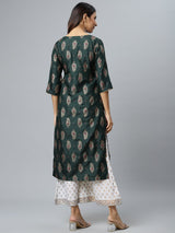 Green Printed Silk Kurta
