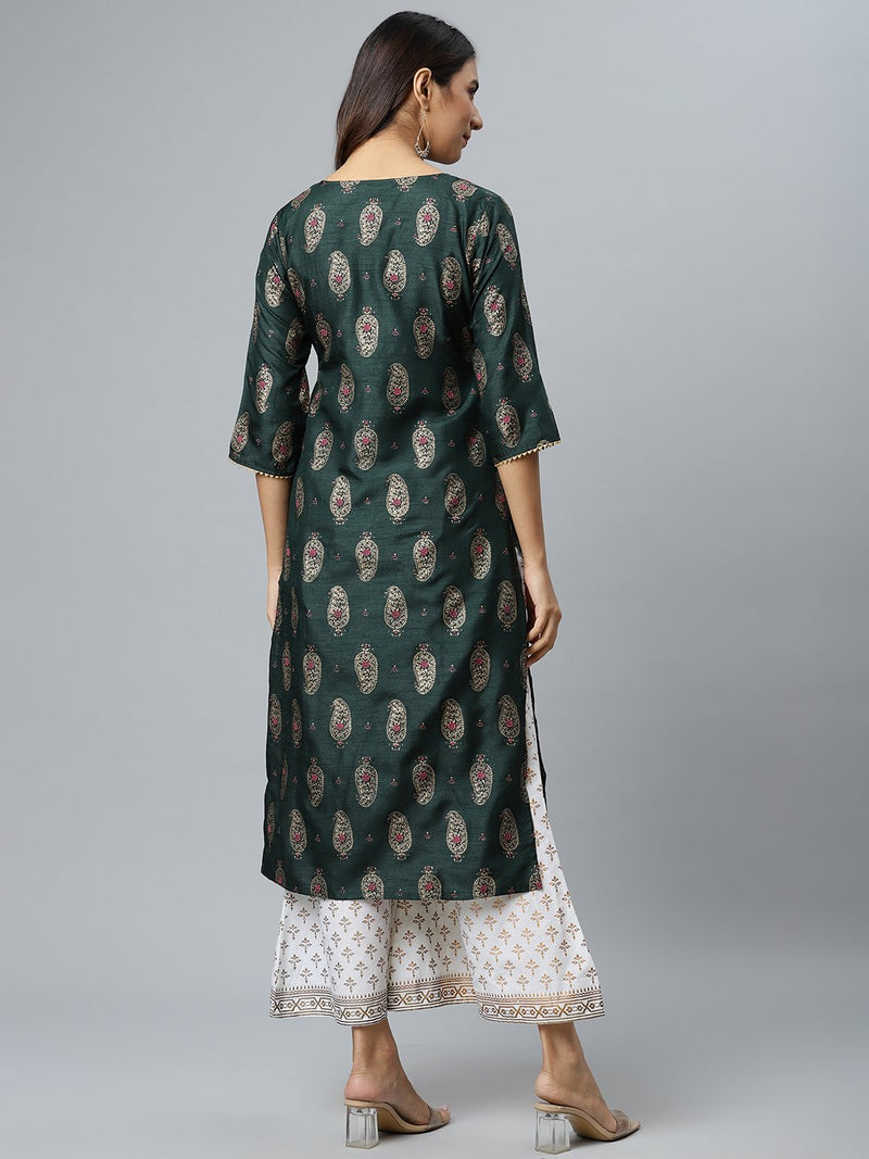 Green Printed Silk Kurta