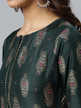 Green Printed Silk Kurta