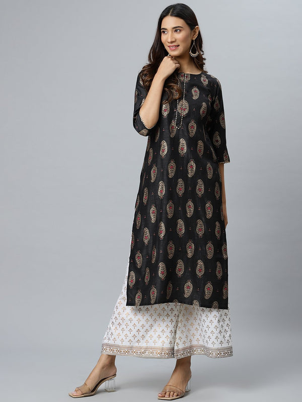 Black Printed Silk Kurta