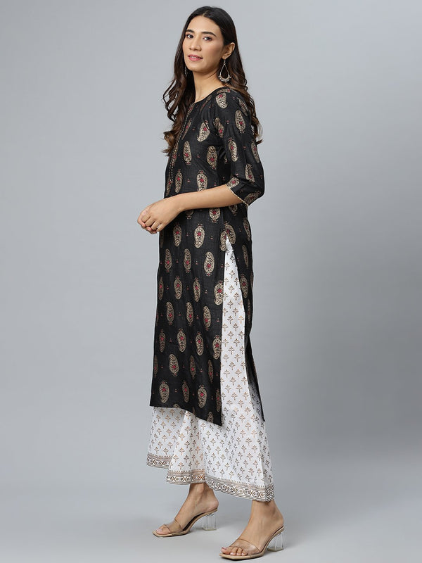 Black Printed Silk Kurta