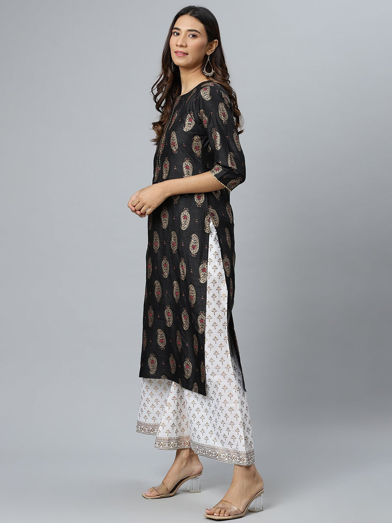 Black Printed Silk Kurta