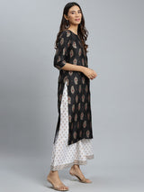 Black Printed Silk Kurta