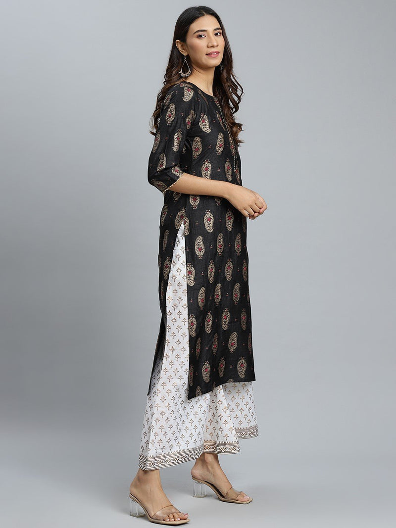 Black Printed Silk Kurta