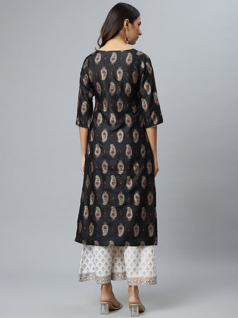 Black Printed Silk Kurta
