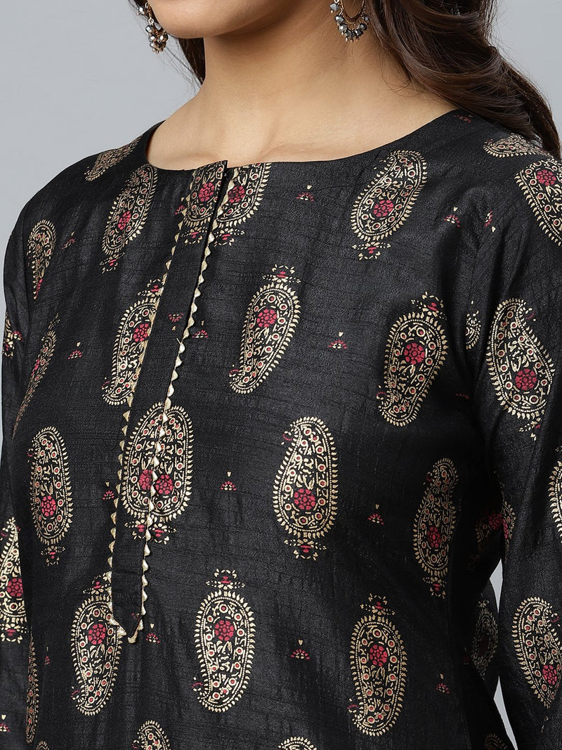 Black Printed Silk Kurta