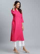 Pink Solid Cotton Kurta