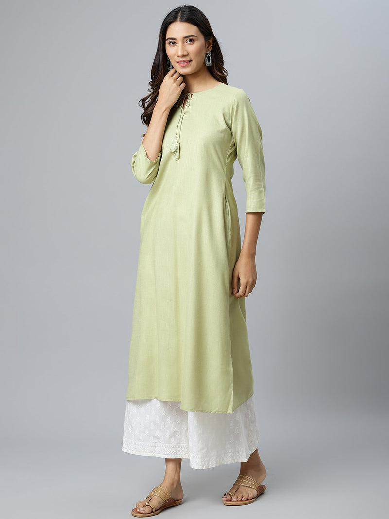 Green Solid Cotton Kurta
