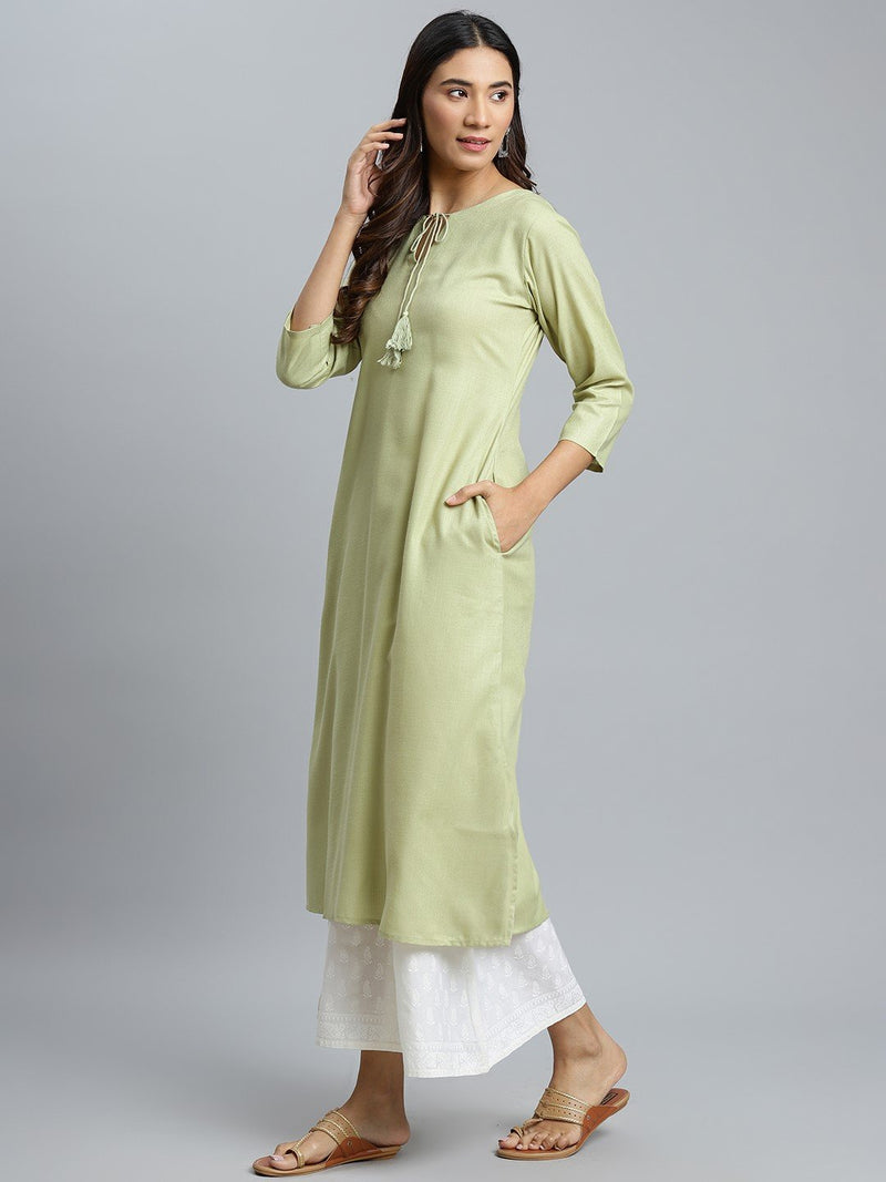 Green Solid Cotton Kurta