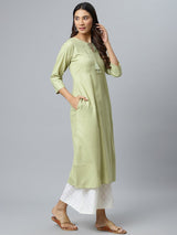 Green Solid Cotton Kurta