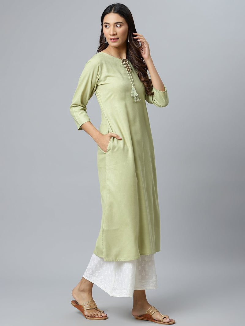Green Solid Cotton Kurta