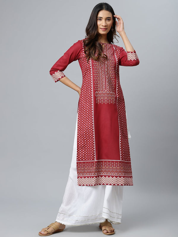 Maroon Printed Cotton Kurta