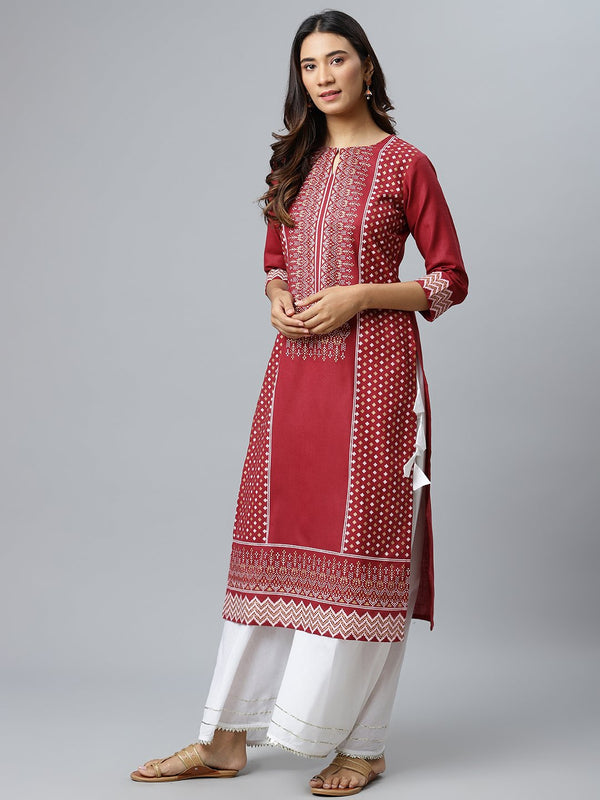 Maroon Printed Cotton Kurta