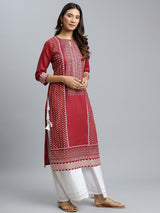 Maroon Printed Cotton Kurta