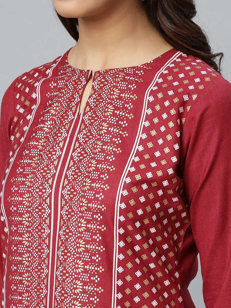 Maroon Printed Cotton Kurta