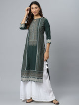 Green Printed Cotton Kurta