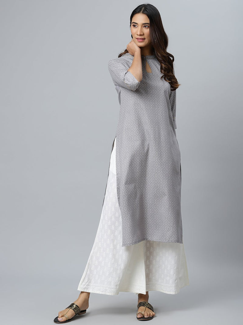 Grey Printed Cotton Kurta