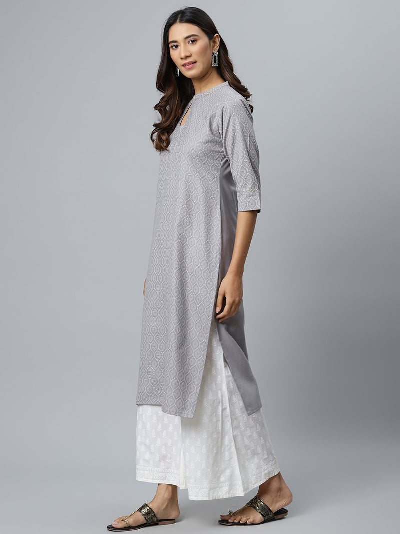 Grey Printed Cotton Kurta