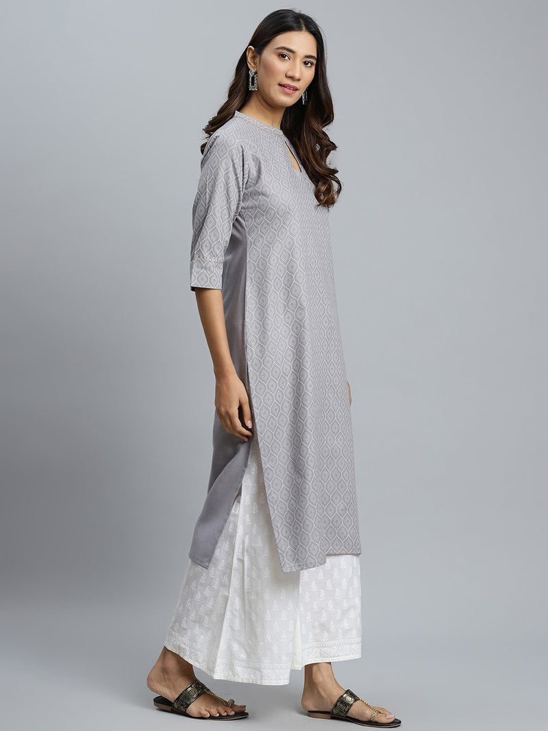 Grey Printed Cotton Kurta