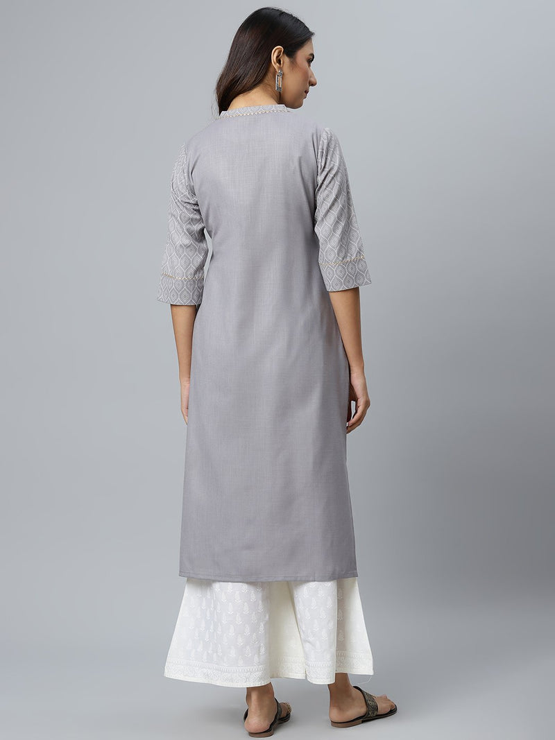 Grey Printed Cotton Kurta