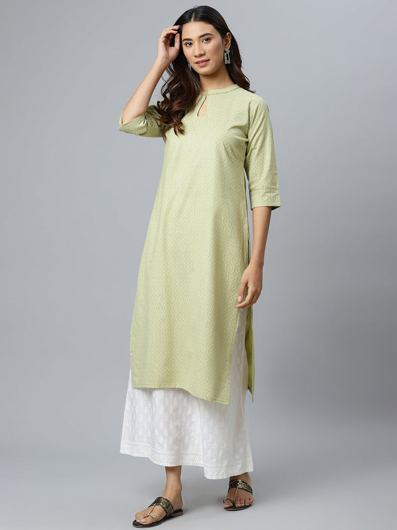 Green Printed Cotton Kurta