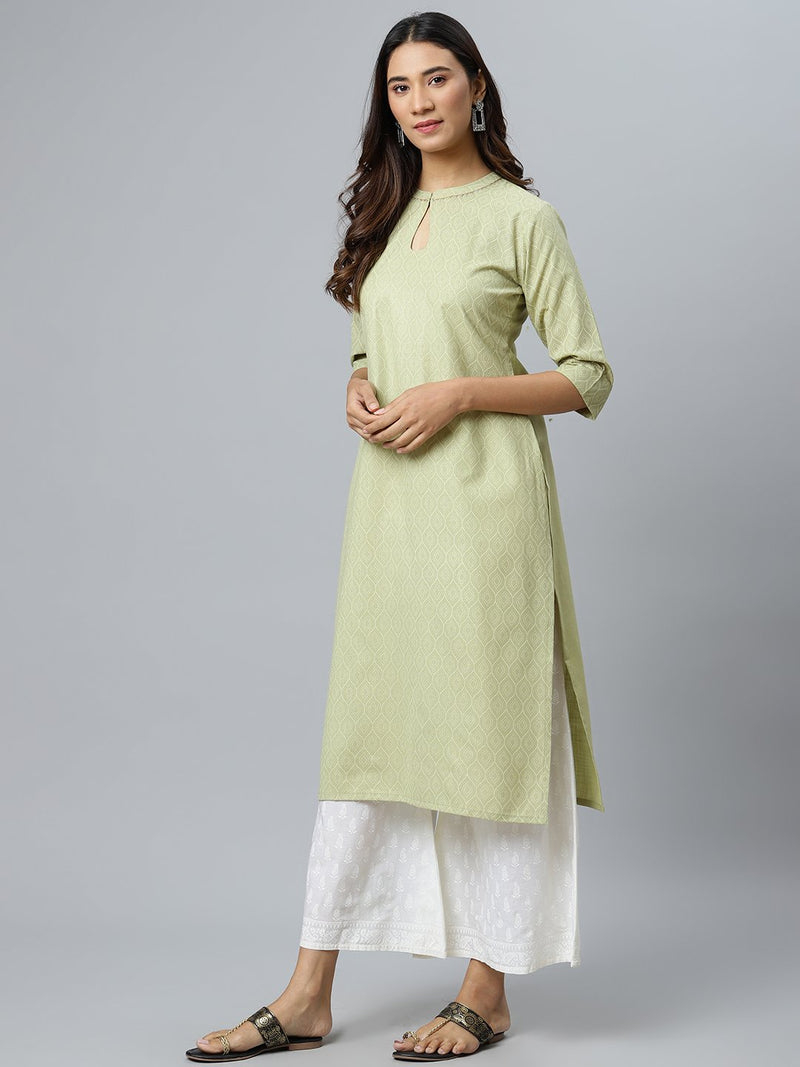 Green Printed Cotton Kurta
