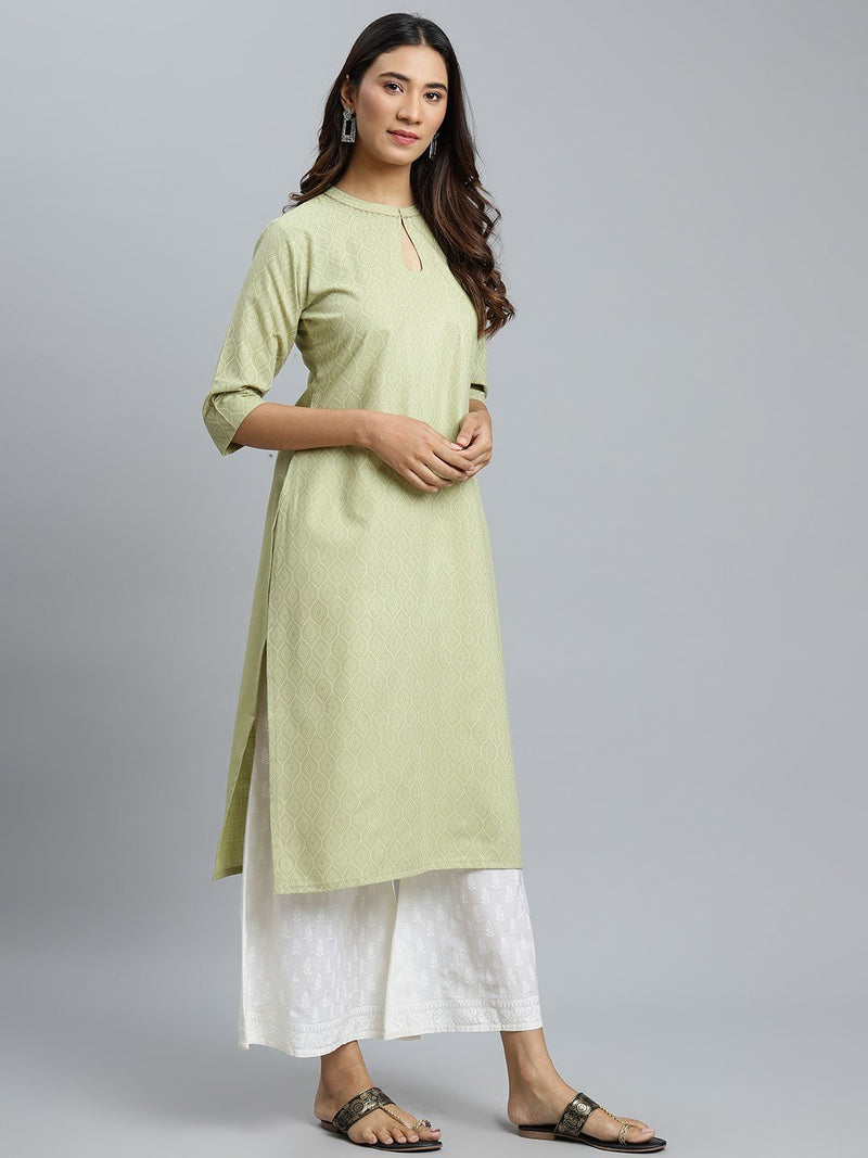 Green Printed Cotton Kurta