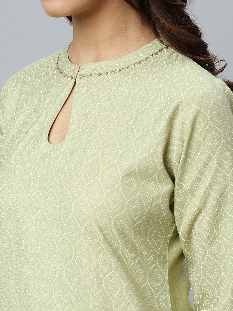 Green Printed Cotton Kurta