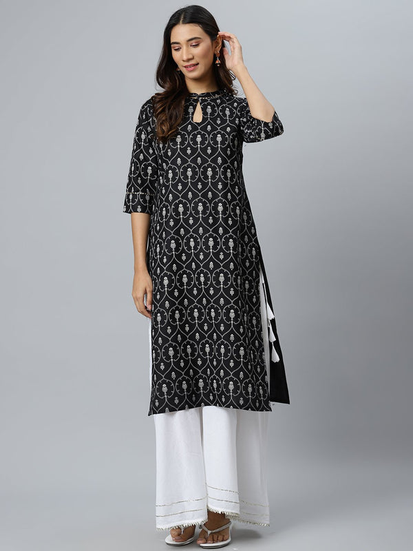 Black Printed Cotton Kurta