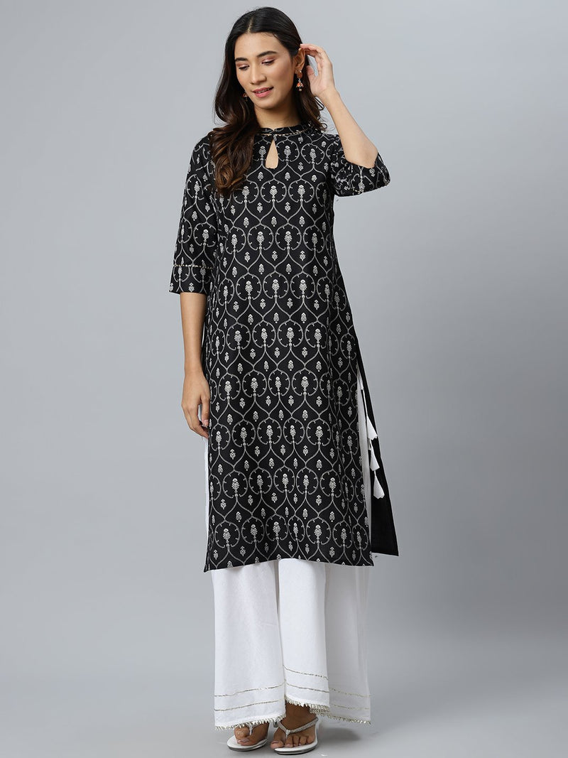 Black Printed Cotton Kurta