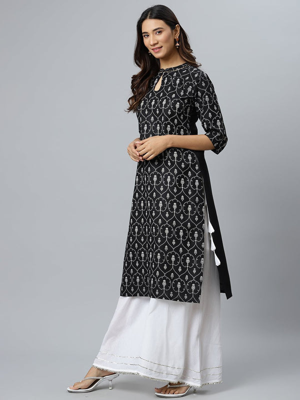 Black Printed Cotton Kurta