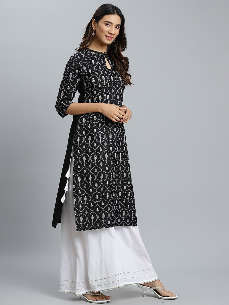 Black Printed Cotton Kurta