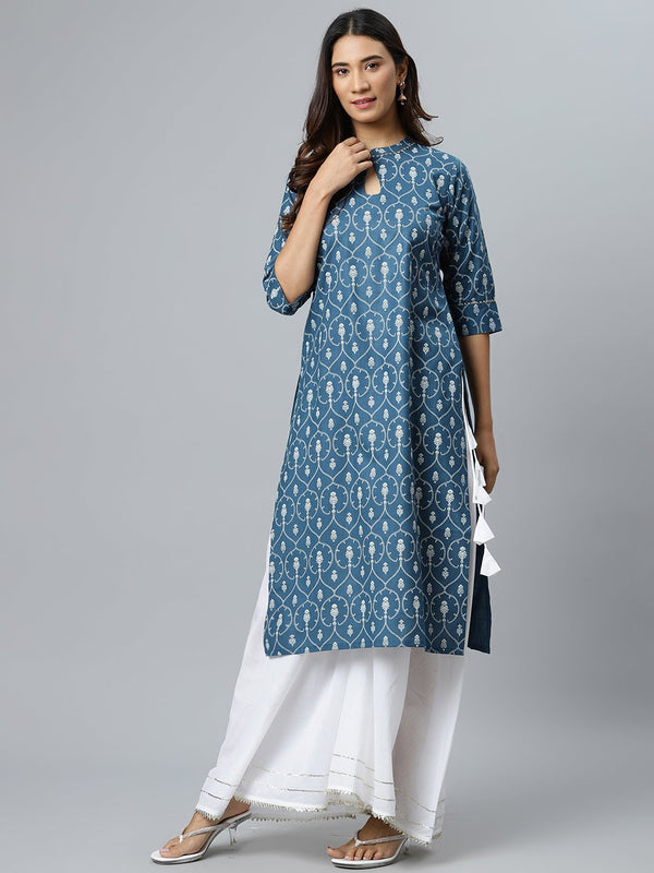 Blue Printed Cotton Kurta