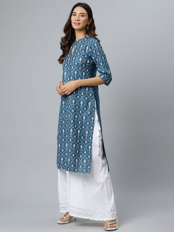 Blue Printed Cotton Kurta