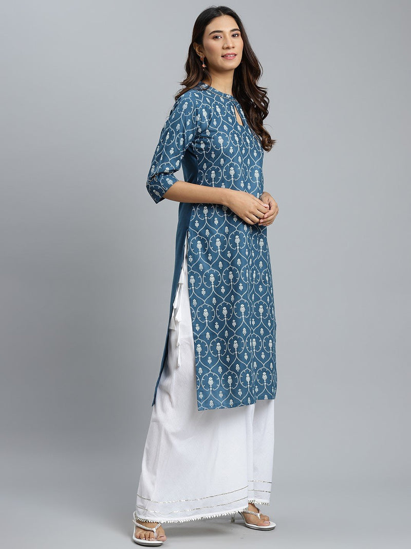 Blue Printed Cotton Kurta